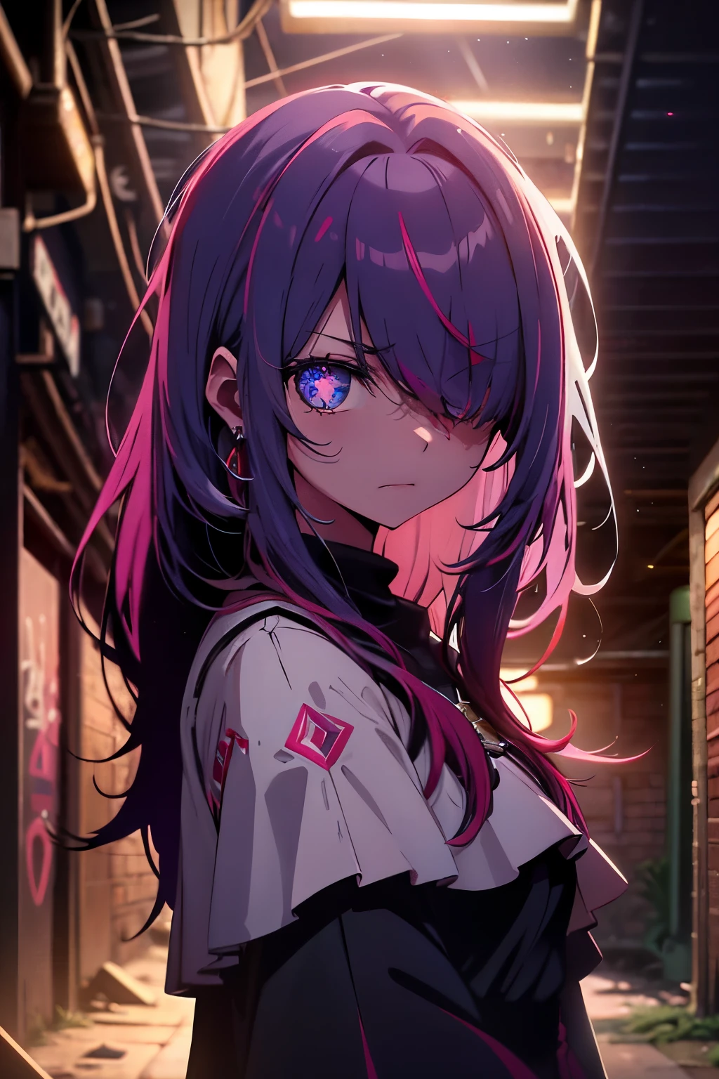 In the heart of an abandoned alley, a lone girl stands against a graffiti-covered brick wall, bathed in the dim lights of the night. Her long, pink hair cascades down her shoulders, covering one eye as she looks directly at the audience with a piercing gaze. Her eyes, a vibrant shade of purple, seem to shimmer like stars, especially with the neon lights reflecting off the red tiara perched upon her head. Her ears glint with silver earrings, and her sharp vision hones in on every detail of her surroundings.
The masterpiece (1.5) comes to life in this original 8k ultra-high definition photo, with intricate details and