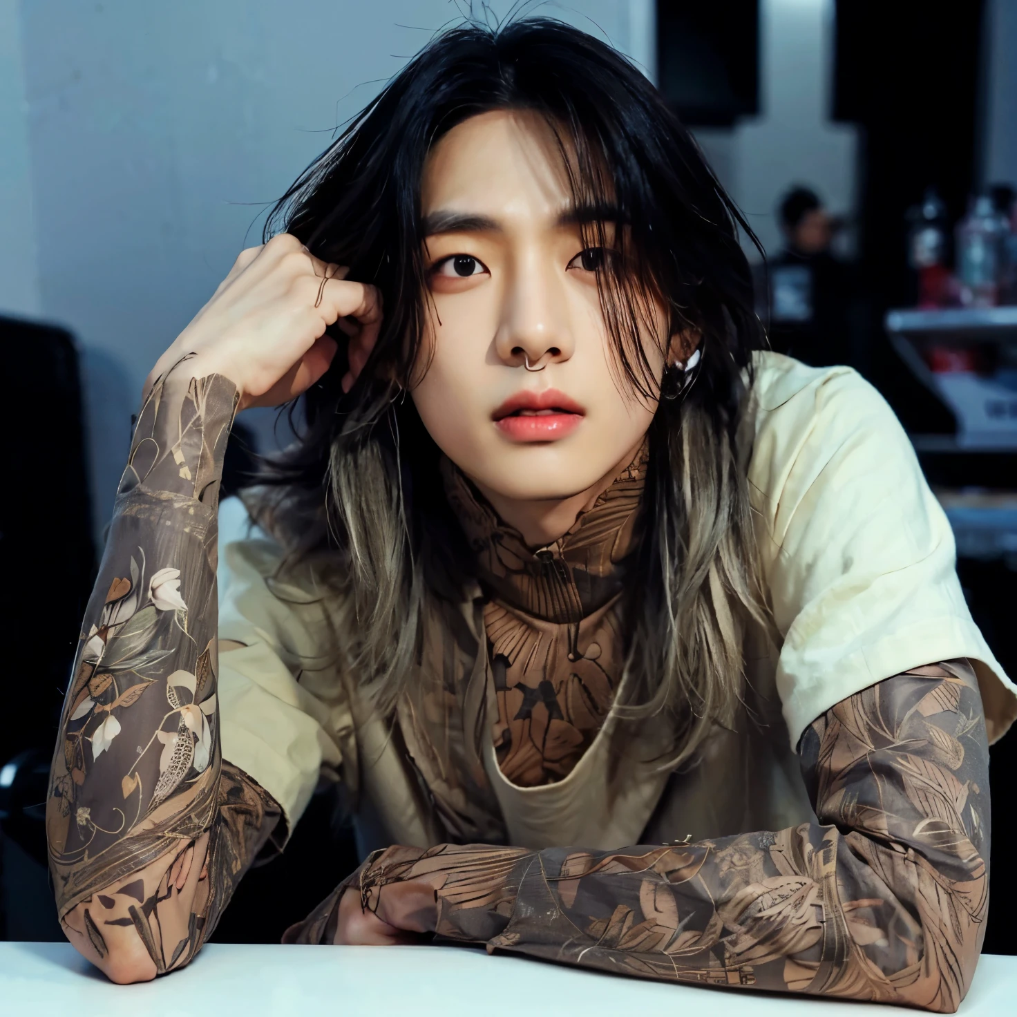 there is a man that is sitting down with a cell phone, Shinji, Marcos Lee, hyung tae, Kim Doyoung, inspirado em jeonseok lee, Hong junho hyung, adorable and pale korean face, taejune kim, lindo chad queixo, inspirado em Kim Myeong-guk, Shin Jeongho, Jimin\the right eyelid is swollenKim taehyung, rosto grande, 30 anos, barba pequena, bravo, chateado