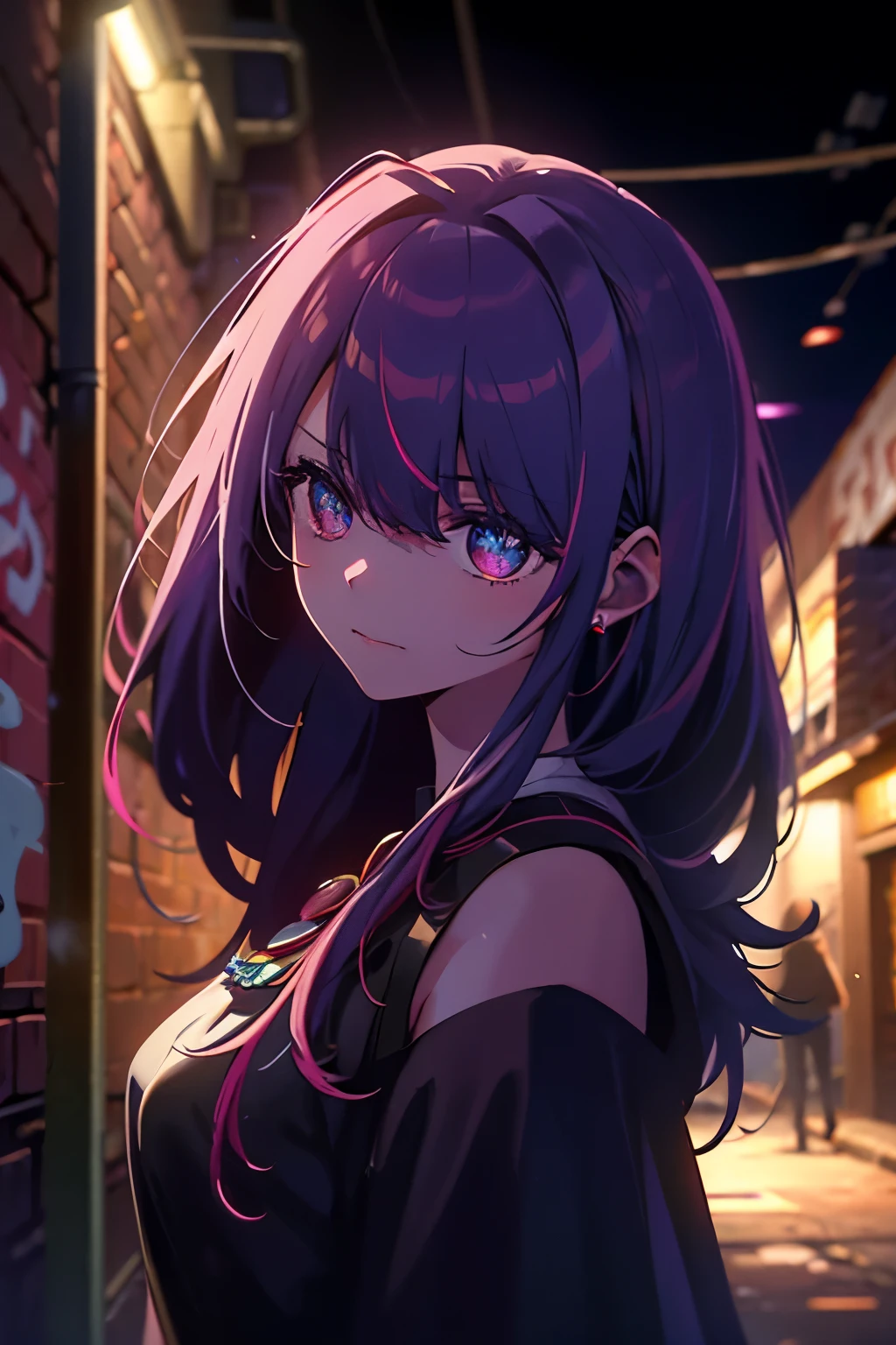 In the heart of an abandoned alley, a lone girl stands against a graffiti-covered brick wall, bathed in the dim lights of the night. Her long, pink hair cascades down her shoulders, covering one eye as she looks directly at the audience with a piercing gaze. Her eyes, a vibrant shade of purple, seem to shimmer like stars, especially with the neon lights reflecting off the red tiara perched upon her head. Her ears glint with silver earrings, and her sharp vision hones in on every detail of her surroundings.

The masterpiece (1.5) comes to life in this original 8k ultra-high definition photo, with intricate details and