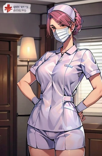 red nurse, 1womanl, Nurse, Nurse Cap, Redware, ((Red legwear, zettai ryouiki)), Red Elbow Gloves, Silver hair, Blue eyes, ((White surgical mask, Cover the nose)), Standing, ((surgery room)), sharp outline, Short sleeves, a matural female, 35 year old, Best Quality, masutepiece ,oversize boobs