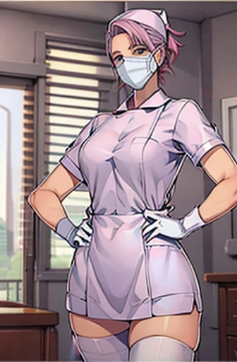 red nurse, 1womanl, Nurse, Nurse Cap, Redware, ((Red legwear, zettai ryouiki)), Red Elbow Gloves, Silver hair, Blue eyes, ((White surgical mask, Cover the nose)), Standing, ((surgery room)), sharp outline, Short sleeves, a matural female, 35 year old, Best Quality, masutepiece ,oversize boobs