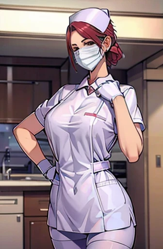 red nurse, 1womanl, Nurse, Nurse Cap, Redware, ((Red legwear, zettai ryouiki)), Red Elbow Gloves, Silver hair, Blue eyes, ((White surgical mask, Cover the nose)), Standing, ((surgery room)), sharp outline, Short sleeves, a matural female, 35 year old, Best Quality, masutepiece ,oversize boobs