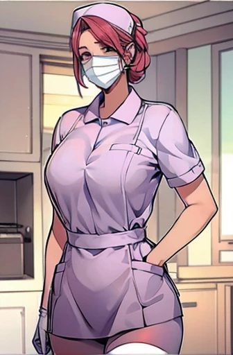 red nurse, 1womanl, Nurse, Nurse Cap, Redware, ((Red legwear, zettai ryouiki)), Red Elbow Gloves, Silver hair, Blue eyes, ((White surgical mask, Cover the nose)), Standing, ((surgery room)), sharp outline, Short sleeves, a matural female, 35 year old, Best Quality, masutepiece ,oversize boobs