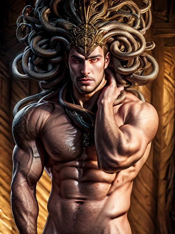 ((best quality)), ((masterpiece)), ((realistic)), Medusa(male), full body, male body, muscular, the hair is composed of countless small penises, pink eyes, male face, metal carved top , royal aura, trend on artstation, sharp focus, studio photo, intricate detail, very detailed, detailed eye, illustration, very detailed, sharp focus, digital render, professional, 4k