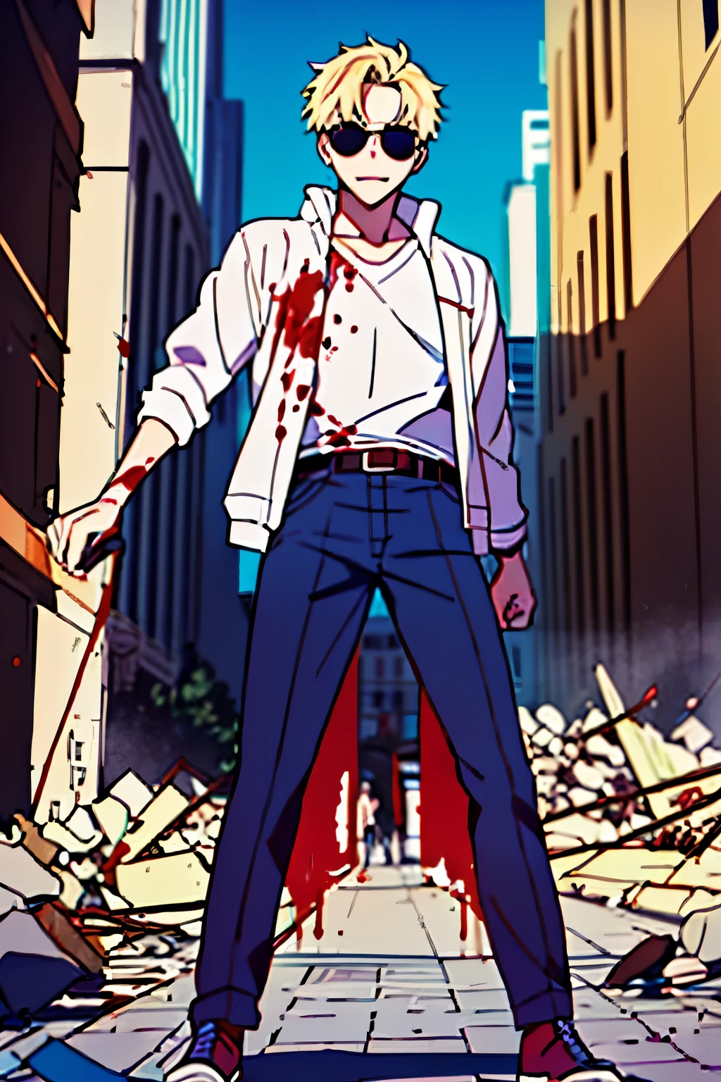 ratatatat74, ((Illustration)), (best quality)), ((masterpiece)), (detailed), anime, shiro, tousled hair, front face, white Jacket, bloody on clothes, male focus, front view, blond, shades, crazy smile, blood on face, teenager, city destroyed,