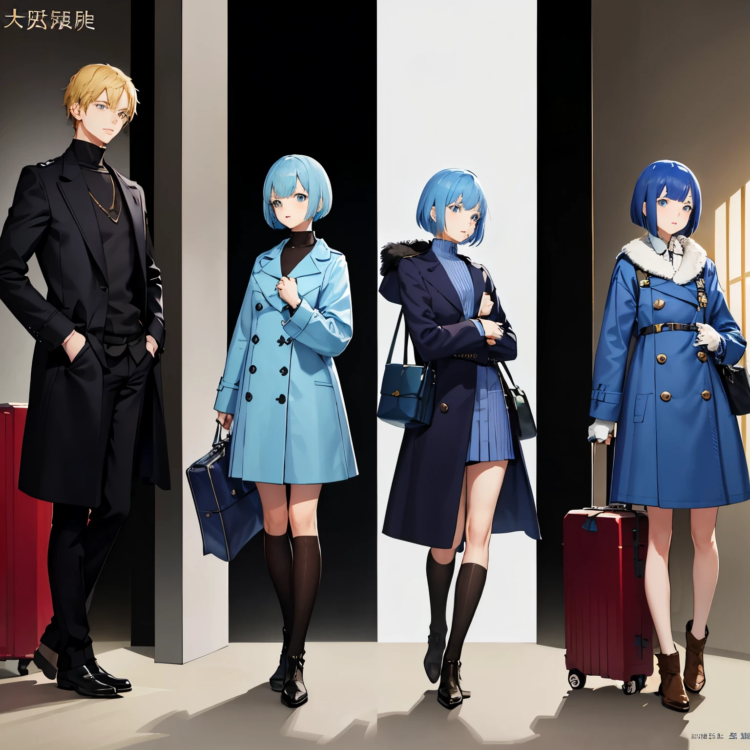 first-class、high resolution、one beautiful girl、whole body、Light blue bob cut hair、blue eyes、British style one piece coat、Travel trunk、knee high socks、Brown leather boots