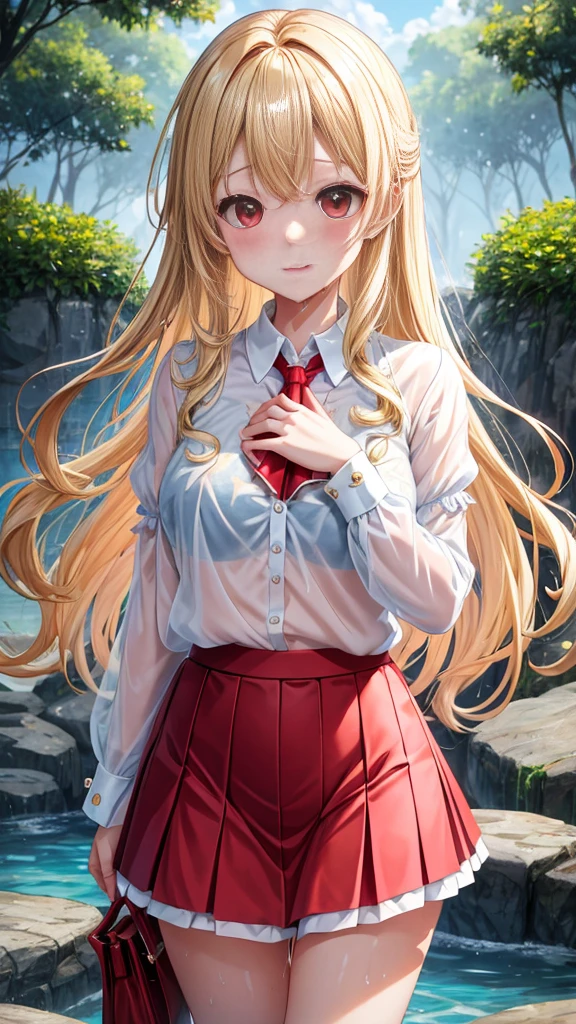 highest quality、High resolution、wavy blonde、red eyes、one cute girl、alone、anime、Wet and sheer white blouse、A glimpse of light blue underwear、Blouse with wide open chest、I didn't notice that my skirt came off、