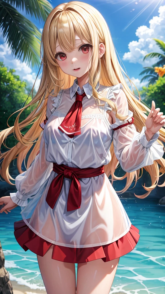 highest quality、High resolution、wavy blonde、red eyes、one cute girl、alone、anime、Wet and sheer white blouse、A glimpse of light blue underwear、Blouse with wide open chest、I didn't notice that my skirt came off、