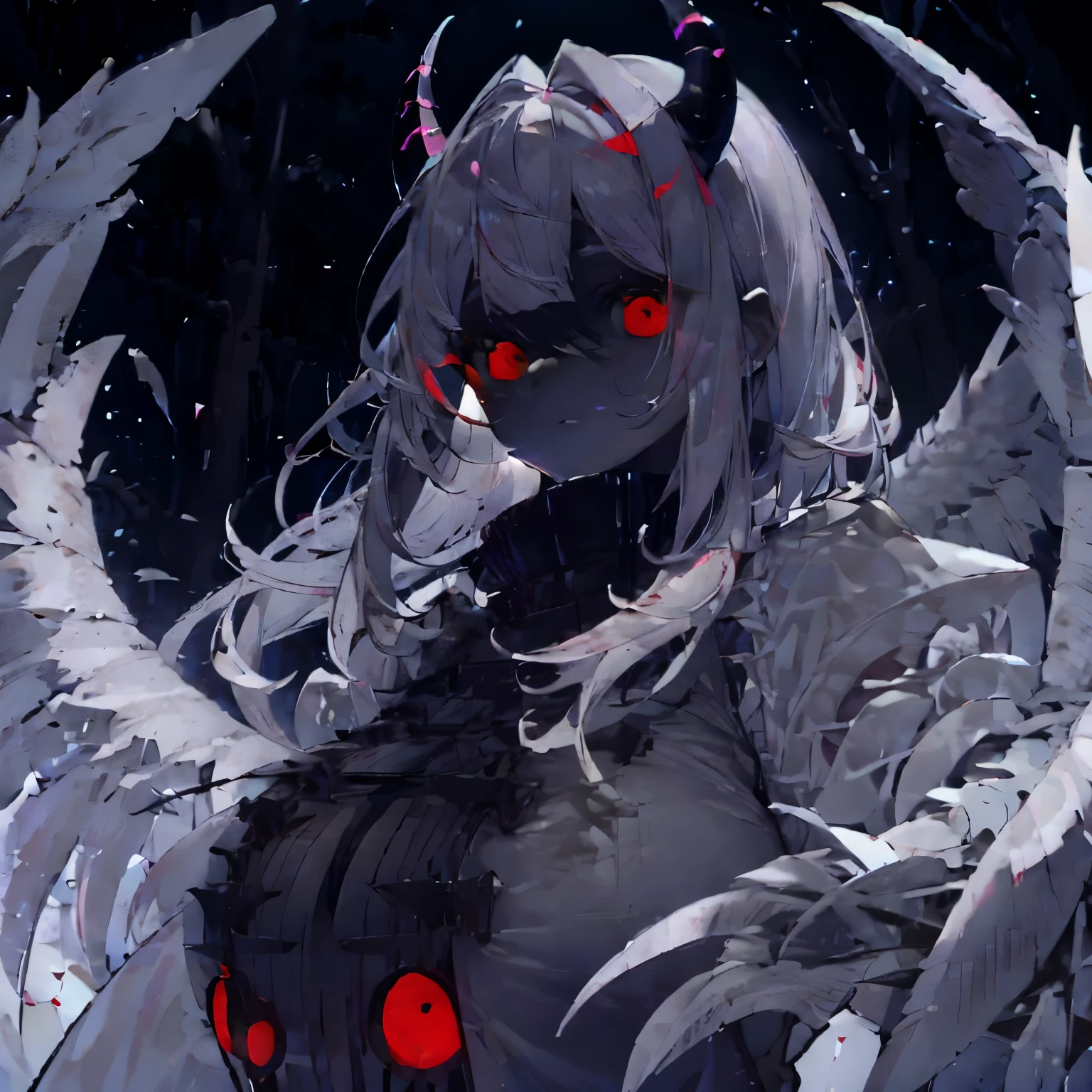 one girl,glowing red eyes,white skin,sharp nails,Untidy gray bob hair,short hair,Her hair has the pure white feather horns of a horned owl.,white horned owl horns,owl girl,The body of a strong and huge girl monster,In the forest through the sun through the trees,best quality