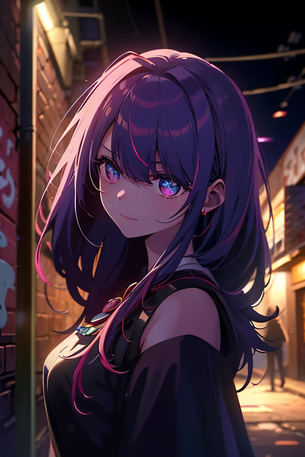 In the heart of an abandoned alley, a lone girl stands against a graffiti-covered brick wall, bathed in the dim lights of the night. Her long, pink hair cascades down her shoulders, covering one eye as she looks directly at the audience with a piercing gaze. Her eyes, a vibrant shade of purple, seem to shimmer like stars, especially with the neon lights reflecting off the red tiara perched upon her head. Her ears glint with silver earrings, and her sharp vision hones in on every detail of her surroundings.

The masterpiece (1.5) comes to life in this original 8k ultra-high definition photo, with intricate details and