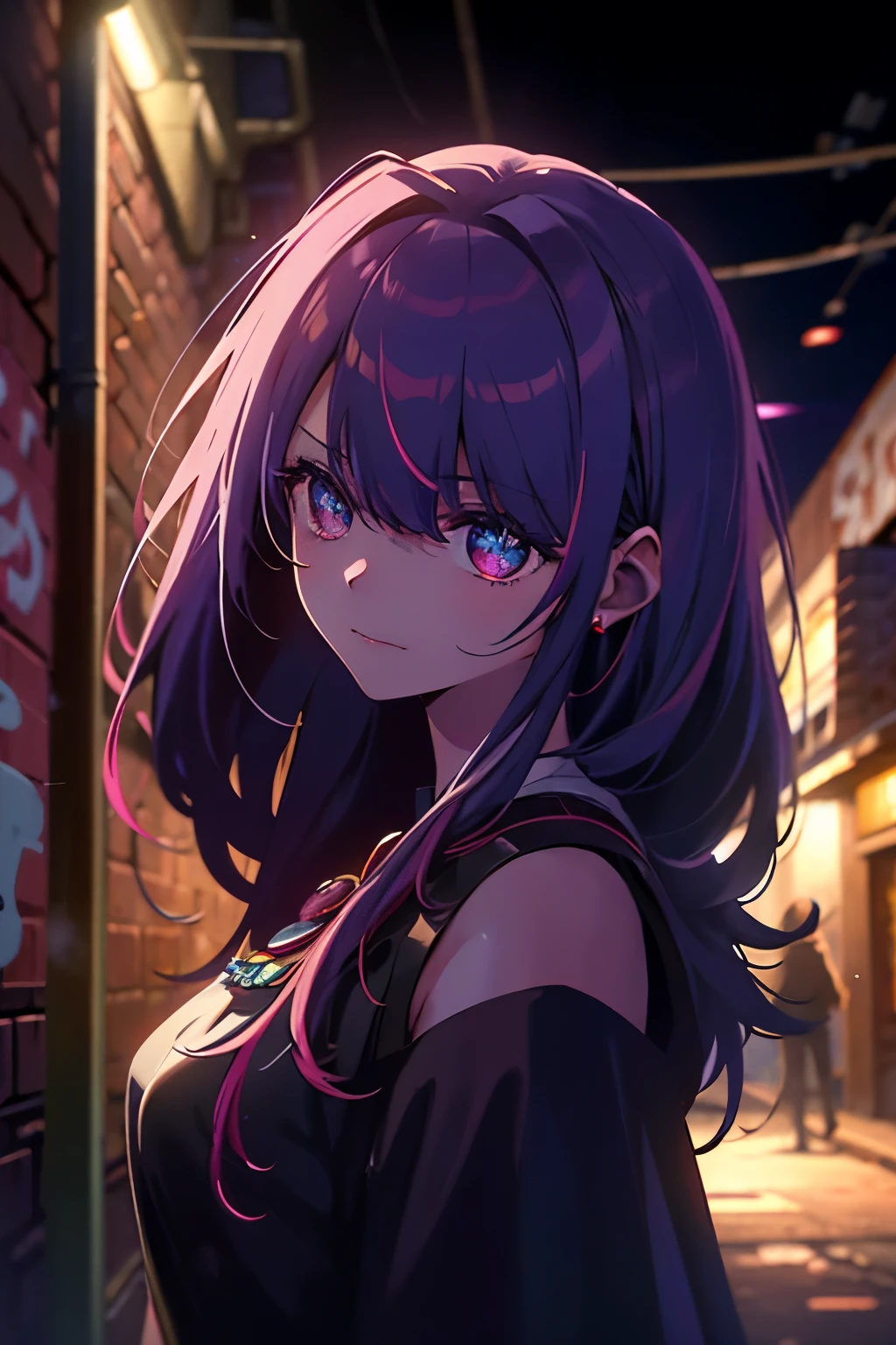 In the heart of an abandoned alley, a lone girl stands against a graffiti-covered brick wall, bathed in the dim lights of the night. Her long, pink hair cascades down her shoulders, covering one eye as she looks directly at the audience with a piercing gaze. Her eyes, a vibrant shade of purple, seem to shimmer like stars, especially with the neon lights reflecting off the red tiara perched upon her head. Her ears glint with silver earrings, and her sharp vision hones in on every detail of her surroundings.
The masterpiece (1.5) comes to life in this original 8k ultra-high definition photo, with intricate details and