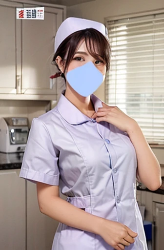 red nurse, 1womanl, Nurse, Nurse Cap, Redware, ((Red legwear, zettai ryouiki)), Red Elbow Gloves, Silver hair, Blue eyes, ((White surgical mask, Cover the nose)), Standing, ((surgery room)), sharp outline, Short sleeves, a matural female, 35 year old, Best Quality, masutepiece ,oversize boobs