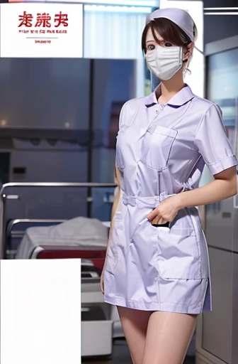 red nurse, 1womanl, Nurse, Nurse Cap, Redware, ((Red legwear, zettai ryouiki)), Red Elbow Gloves, Silver hair, Blue eyes, ((White surgical mask)), Standing, ((surgery room)), sharp outline, Short sleeves, a matural female, 35 year old, Best Quality, masutepiece ,oversize boobs
