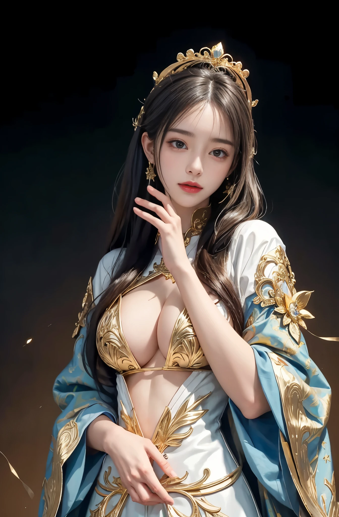 (masterpiece、highest quality、highest quality、official art、beautiful and aesthetic:1.2)、(1 girl)、extreme details、colorful、highest details、official art、unity 8k wallpaper、Super detailed、beautiful and aesthetic、big boobs、masterpiece、highest quality、(zentangle、mandala、tangle、Entanglement)、holy light、gold foil、gold foilアート、Glitter painting、Perfect NwsjMajmagic