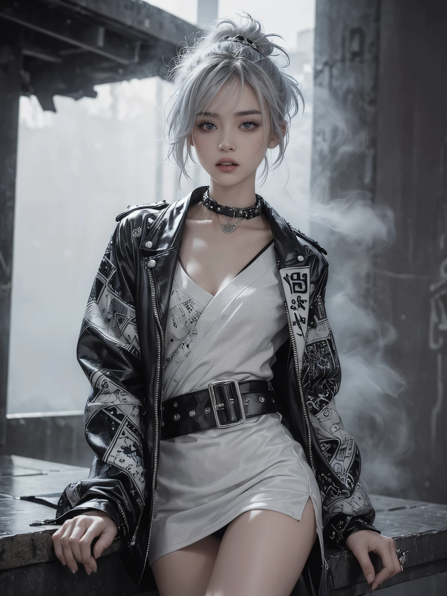 (Realistic:1.3), (official art), (gorgeous, elegant, luxury), (beautiful still life painting art), ultra detailed, beautiful, masterpiece, best quality,
_
BREAK (1girl:1.2), 22 years old, 160 cm, Japanese cute model, Tightened all body, medium Breasts, small head, small face, diamond Face, small nose, Sharp Faceline, young hands and fingers, beautiful hands and fingers, five fingers,
_
BREAK (Glossy Lips:1.3), (Light color lips, Half open mouth, beautiful Teeth:1.2), (dropy eyes, Double eyelid, Blue eyes:1.),
_
BREAK (punk hairstyle:1.3),(a lot accessories:1.3), (gray hair:1.3),
_
BREAK (White and black theme:1.3), (futuristic white background), (blurry background, Fog, mist:1.7),
_
BREAK (cowboy shot:1.7), (Provocative pose:1.6),
_
BREAK(White and black theme:1.4), (Geometric pattern print:1.4),(fusion of traditional High collar kimono and punk elements:1.4), (black leather jacket with white silk kimono:1.2), (silver studded details on kimono:1.2), (punk-inspired accessories, black Leather thigh belt:1.4),
_ BREAK
(punk-style boots:1.2),
_ BREAK
(Cityscape background:1.2), (White and black graffiti-covered walls:1.4),
_ BREAK
(Confident sitting pose:1.2),