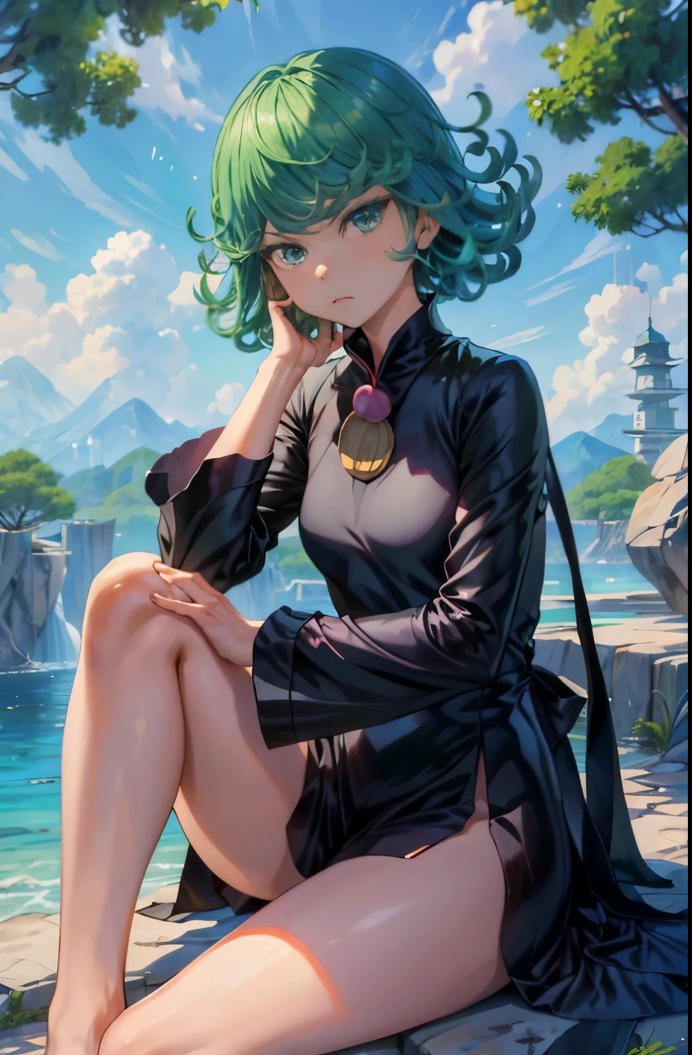 (Masterpiece, Best Quality:1.2), 独奏, 1girl, tatsumaki, unamused, closed mouth, looking a viewer, sitting, 她穿着敦煌飞天衣服, thights, широкие thights,