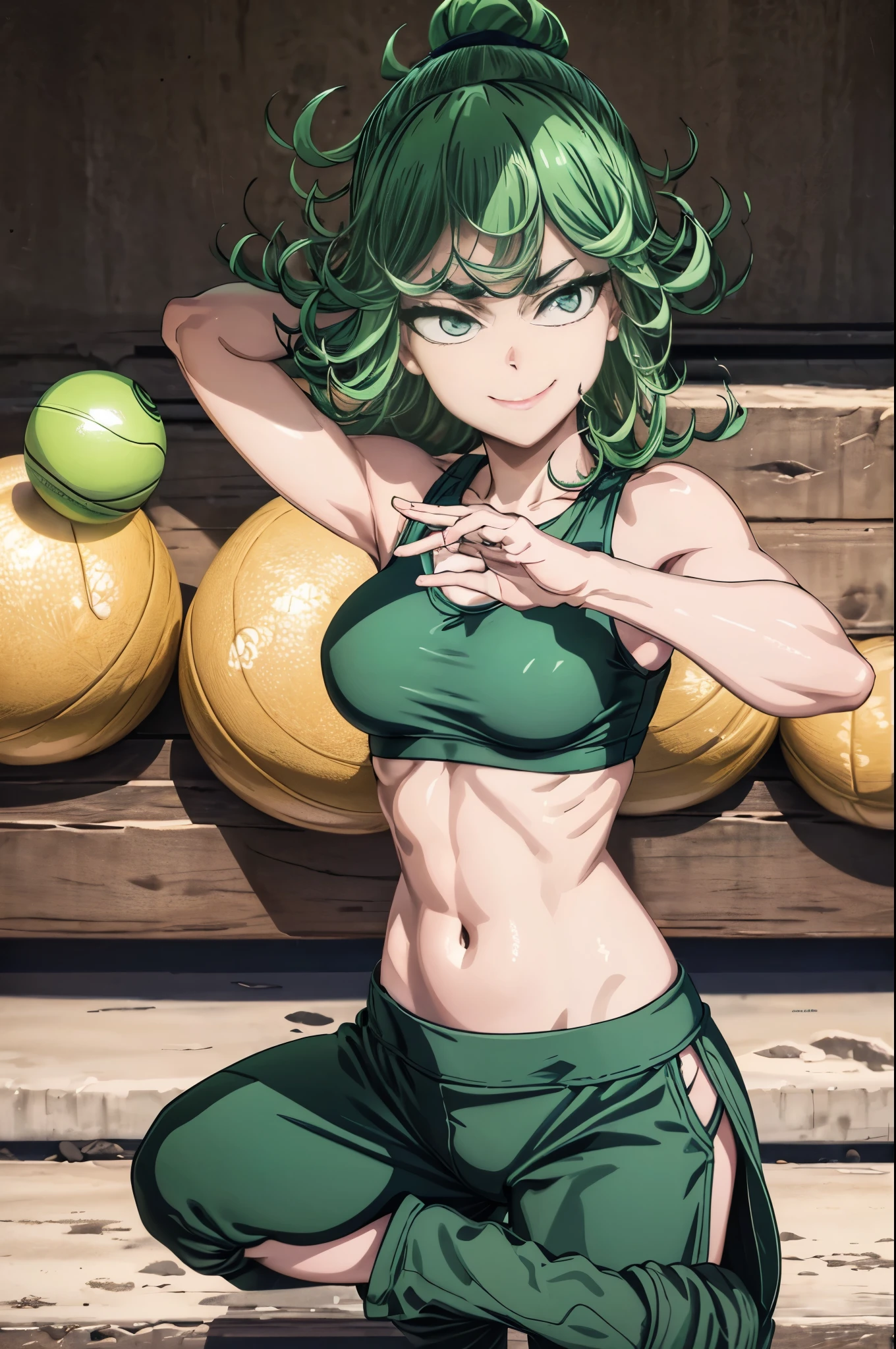 ,masterpiece, best quality, photorealistic, yujiasuit, yoga sports bra, yoga pants, 1girl, solo, , yoga ball, pants, looking at viewer, smile, green sports bra, simple background, , midriff, long hair, breasts, green pants, sportswear, tank top, upper body,gren hair,green eyes