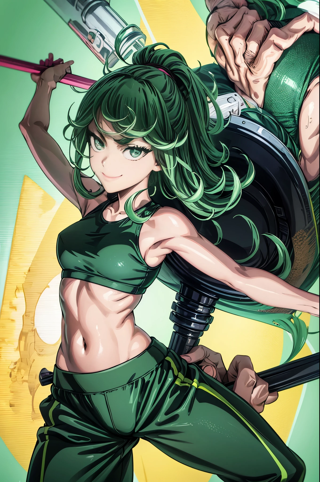 ,masterpiece, best quality, photorealistic, yujiasuit, yoga sports bra, yoga pants, 1girl, solo, , yoga ball, pants, looking at viewer, smile, green sports bra, simple background, , midriff, long hair, breasts, green pants, sportswear, tank top, upper body,gren hair,green eyes