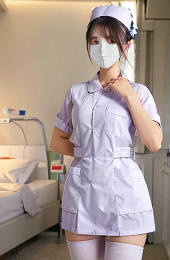 1girl, solo, nurse, nurse cap, white wear, ((white legwear, zettai ryouiki)), white gloves, ponytail, green hair, pink eyes, ((white surgical mask, covered nose)), standing, ((hospital room)), sharp outline, short sleeves, best quality, masterpiece