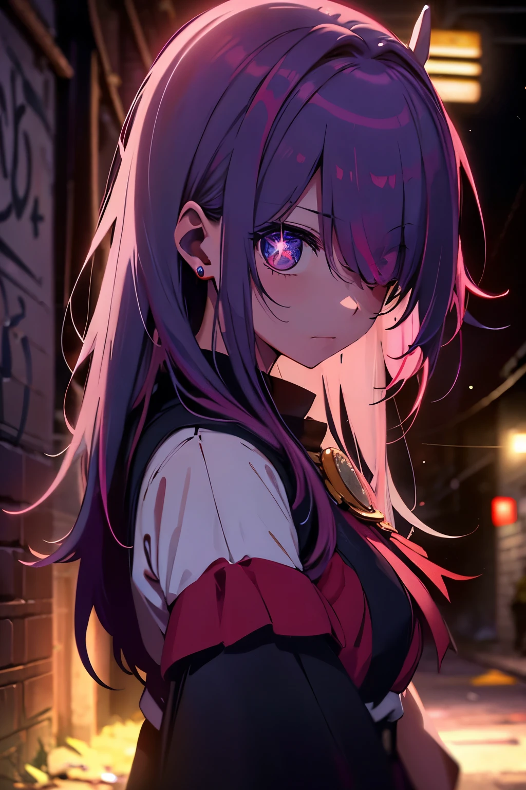 In the heart of an abandoned alley, a lone girl stands against a graffiti-covered brick wall, bathed in the dim lights of the night. Her long, pink hair cascades down her shoulders, covering one eye as she looks directly at the audience with a piercing gaze. Her eyes, a vibrant shade of purple, seem to shimmer like stars, especially with the neon lights reflecting off the red tiara perched upon her head. Her ears glint with silver earrings, and her sharp vision hones in on every detail of her surroundings.

The masterpiece (1.5) comes to life in this original 8k ultra-high definition photo, with intricate details and