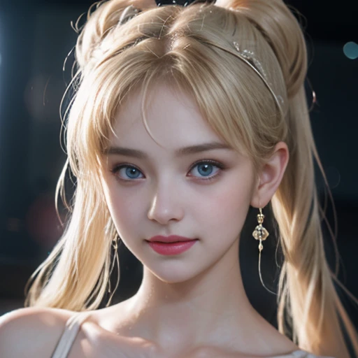 nose blush, light blush, glint, torogao, seductive smile, aqua eyes, butterfly hair ornament, bow hairband, ahoge, blonde hair, short ponytail, twintails, messy hair, parted bangs, sidelocks, high detail, cinematic lighting, masterpiece, UHD, retina, ccurate, anatomically correct, textured skin, super detail, high details, high quality, award winning, best quality, highres, 1080P, HD, 4K, 8k, 16k,