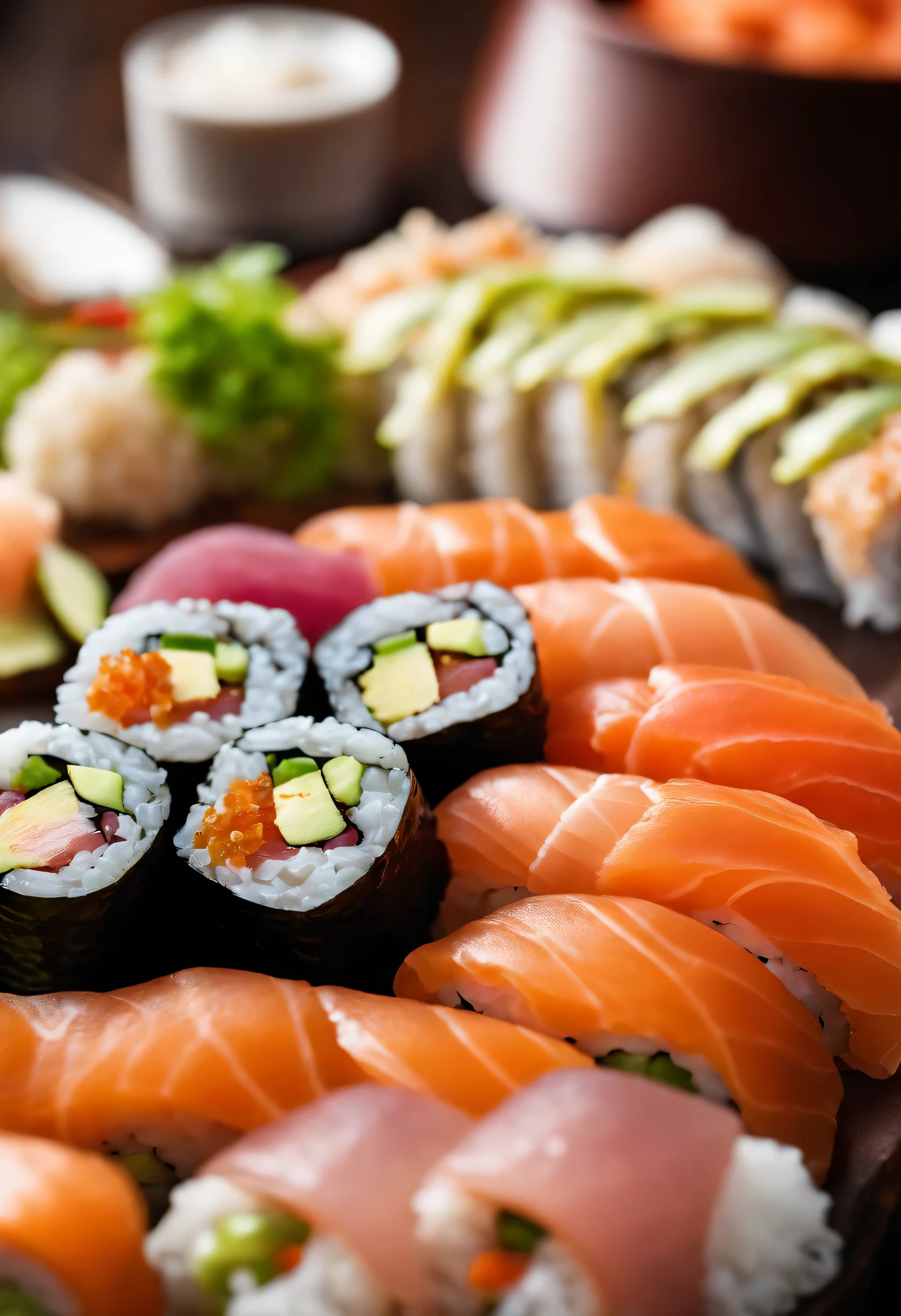 Magazine photo of amazing sliced sushi rolls created by Chef Gordan Ramsey, with smoked salmon & tunny & eel & roe & avocado & octopus & Wasabi arranged in Japanese style with chopsticks and Japanese bottled beer & tall glass, Trends & Award-winning photographs by renowned photographers, bokeh, F1.8, cinematic lighting, Center composition