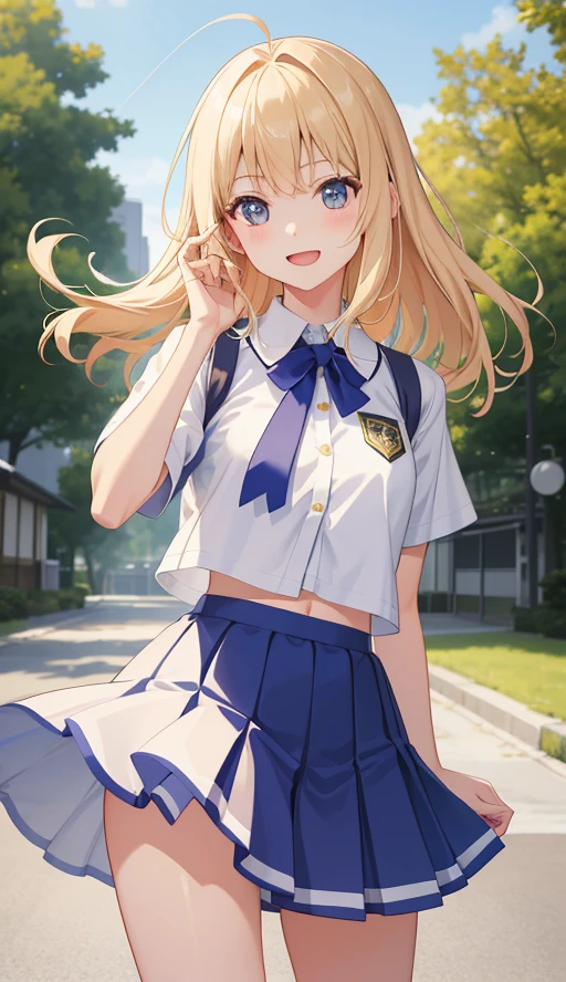 1 girl、laughter、shirt、skirt、(small breasts)Chirarism、Japanese high school uniform、serafuku、summer clothes、(sheer bra)、upper body portrait、blonde hair、dynamism!!Running with the wind、しゃがんで下着Glimpse、Chest visible from the neck、Glimpse、Glimpse、High resolution、high resolution、sexy