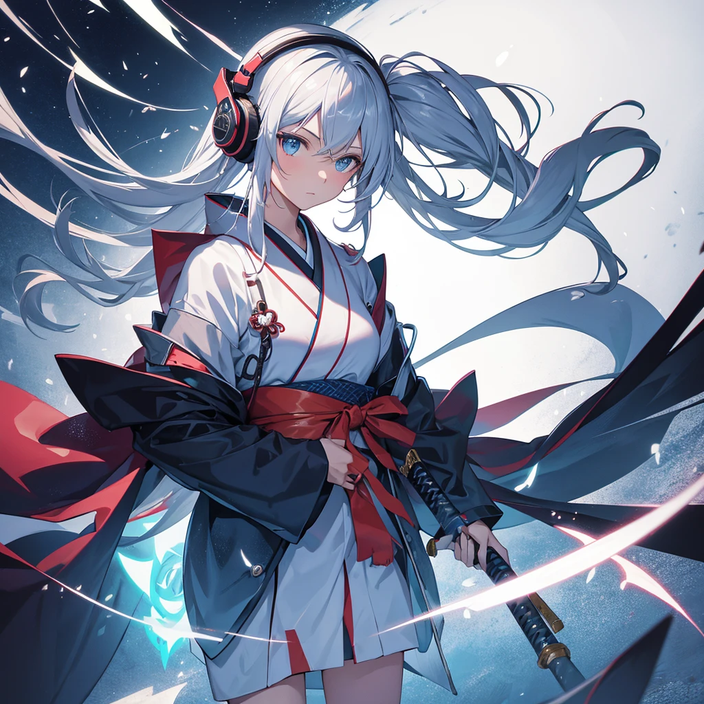 Electrokinetic world, one girl, wearing a kimono, headphones, (holding a weapon, a katana, a weapon), photorealistic, shimmering,