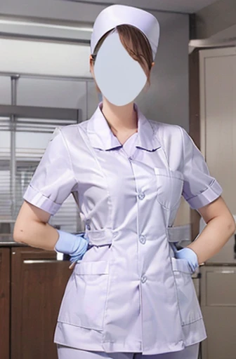 red nurse, 1womanl, Nurse, Nurse Cap, Redware, ((Red legwear, zettai ryouiki)), Red Elbow Gloves, Silver hair, Blue eyes, ((White surgical mask)), Standing, ((surgery room)), sharp outline, Short sleeves, a matural female, 35 year old, Best Quality, masutepiece ,oversize boobs