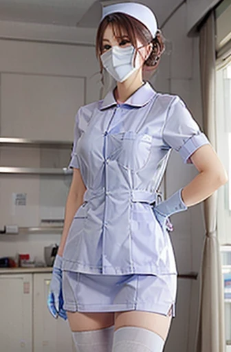 red nurse, 1womanl, Nurse, Nurse Cap, Redware, ((Red legwear, zettai ryouiki)), Red Elbow Gloves, Silver hair, Blue eyes, ((White surgical mask)), Standing, ((surgery room)), sharp outline, Short sleeves, a matural female, 35 year old, Best Quality, masutepiece ,oversize boobs
