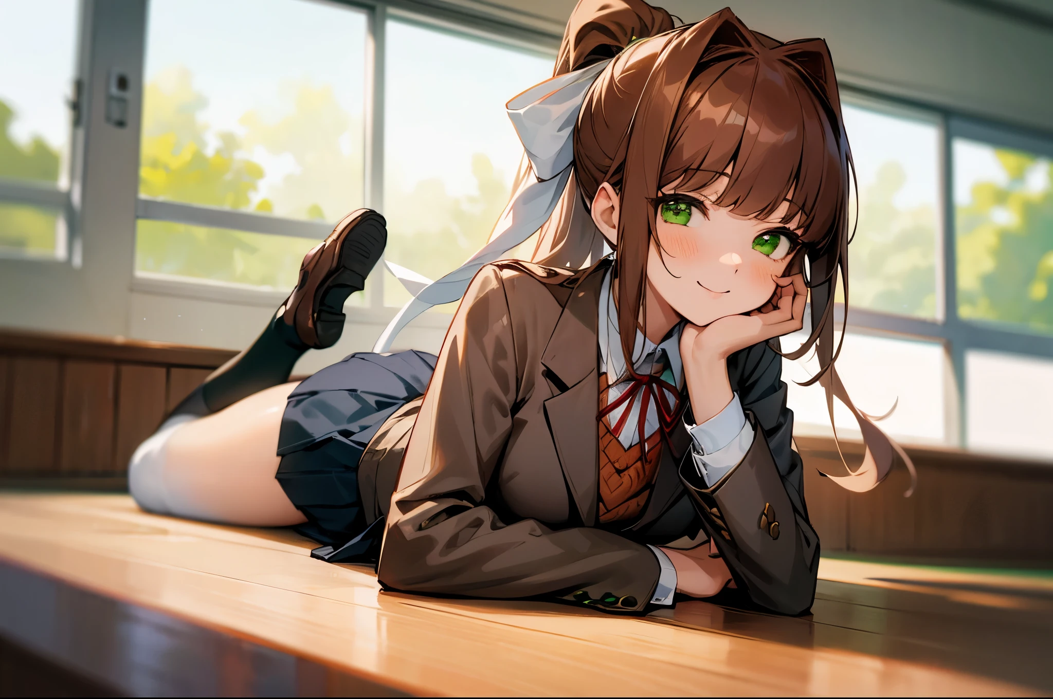 (masterpiece), best quality, expressive eyes, perfect face, highres, 1 girl, solo, ddlcmonika, blunt bangs, brown hair, (green eyes:1.5), long hair, ponytail, ribbon, white ribbon, hair ribbon, sidelocks, black thighhighs, blue skirt, brown jacket, jacket, long sleeves, mary janes, over-kneehighs, pleated skirt, school uniform, shoes, skirt, thighhighs, zettai ryouiki, smiling, indoors, classroom background, lying on stomach, portrait, looking at the viewer