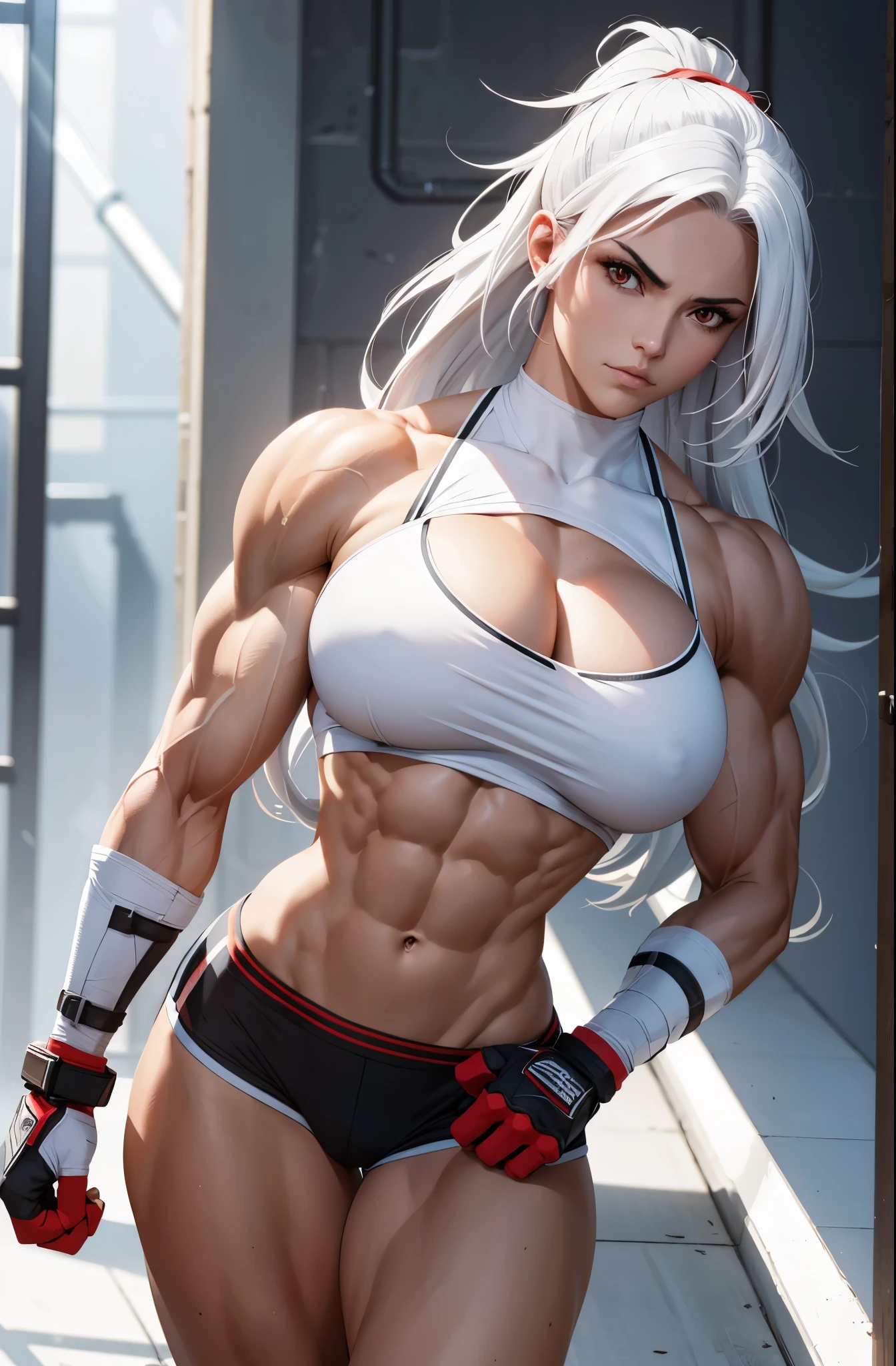 A determined and ambitious bodybuilder warrior, pretty face, serious face, white hair, red eyes, perfect body, fit body, abdomen, big breasts, muscular, who fights to become the strongest