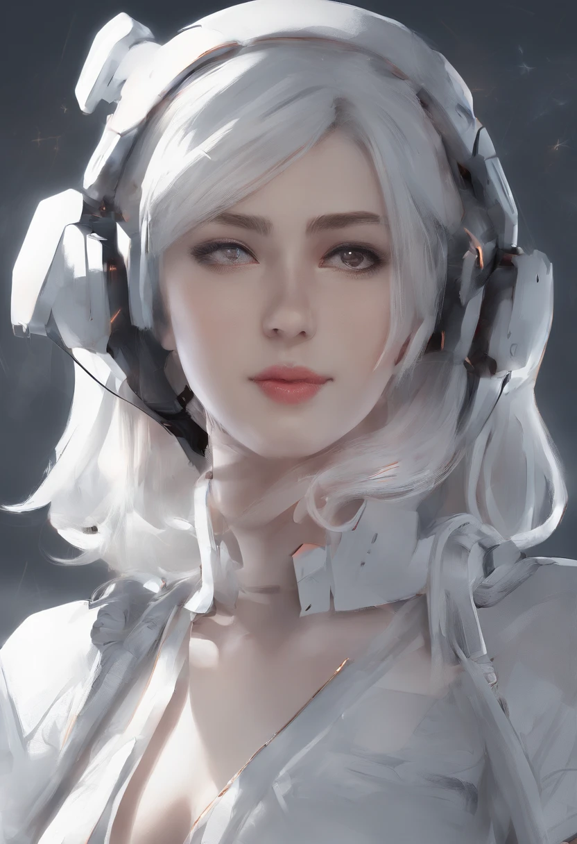 《Artificial intelligence role》。（（（Virtual character design：Psychological counselor。woman，20 years old，white short hair，Exquisite facial features，beautiful make up，Skin details，Smile）））。（（white tech nurse））。((Super realistic details)), illumination, light and shadow, octane rendering, 8k, super sharp,complicated, Accessory details,atmosphere