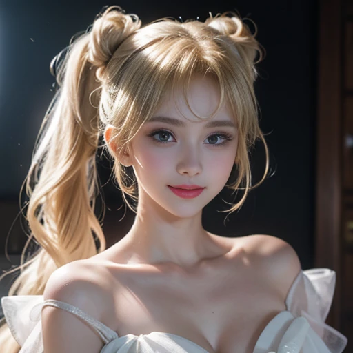 nose blush, light blush, glint, torogao, seductive smile, aqua eyes, butterfly hair ornament, bow hairband, ahoge, blonde hair, short ponytail, twintails, messy hair, parted bangs, sidelocks, high detail, cinematic lighting, masterpiece, UHD, retina, ccurate, anatomically correct, textured skin, super detail, high details, high quality, award winning, best quality, highres, 1080P, HD, 4K, 8k, 16k，美丽的乳房，美丽的捕梦网耳环，