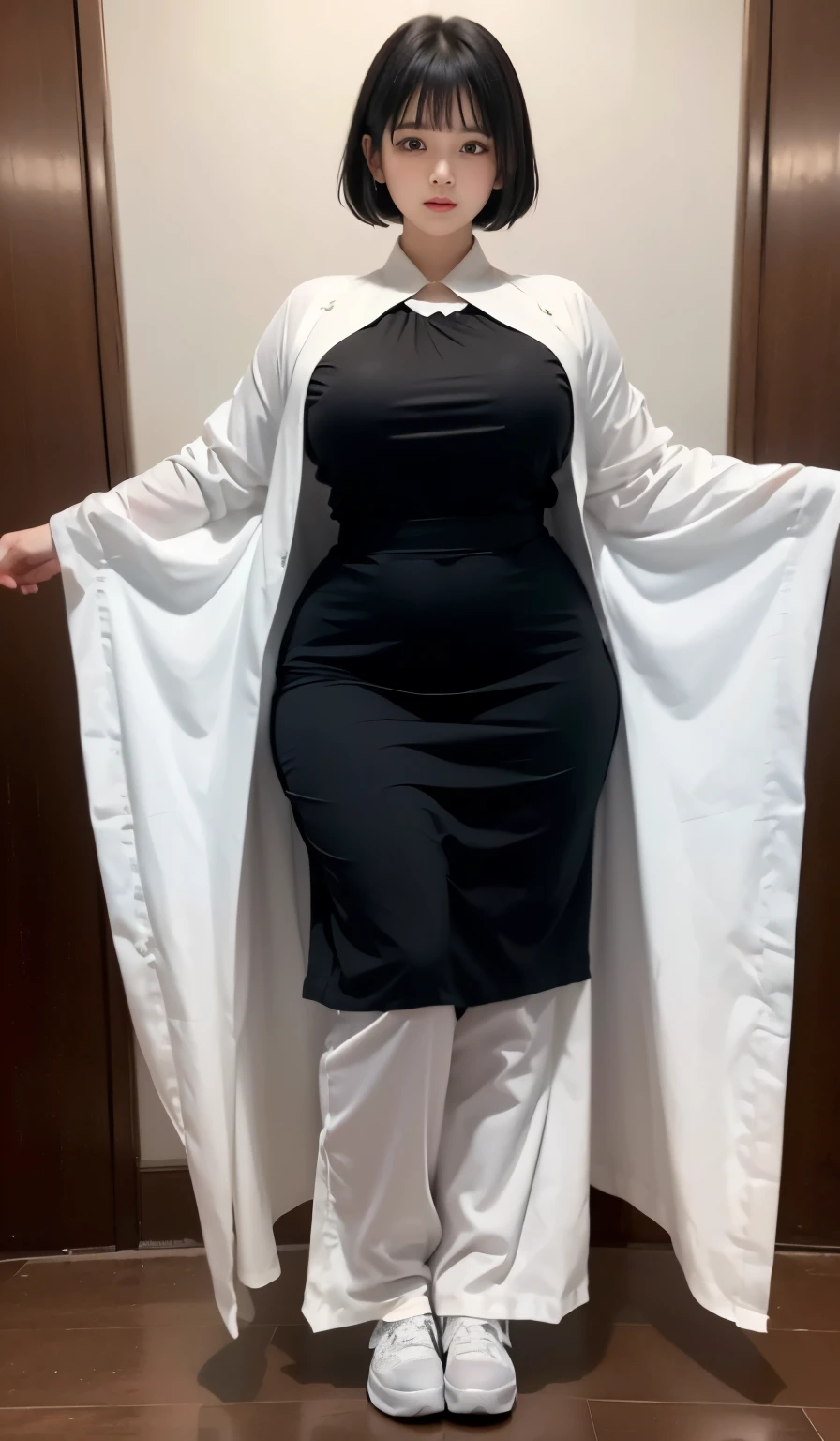 ((best quality)), (detailed), perfect face, woman wearing a gamis, big body, big cheeks, black shirt, white robe, long eyelashes, face made up, medium short hair, wearing a sneakers, full body view, big thight, chubby, Long pants