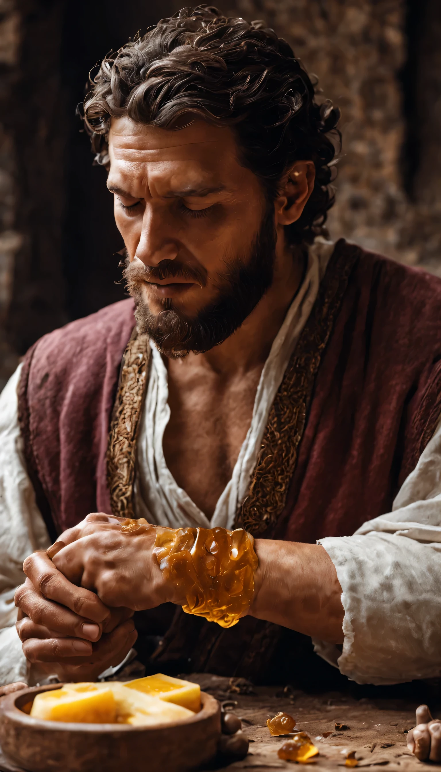 medieval, It depicts an injured merchant applying honey to his wrists.., Demonstrates widespread use of honey as an effective treatment for various injuries and burns.., amazing, 가장 amazing, surreal, Wideshot, 4K, detailed, masterpiece, best quality, high quality, anatomically correct, textured skin, high details, super detail, 1080p, UHD, HD