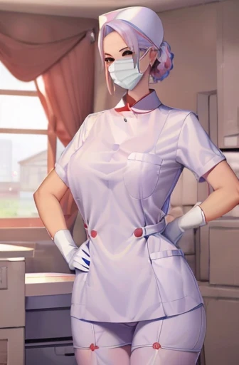 red nurse, 1womanl, Nurse, Nurse Cap, Redware, ((Red legwear, zettai ryouiki)), Red Elbow Gloves, Silver hair, Blue eyes, ((White surgical mask)), Standing, ((surgery room)), sharp outline, Short sleeves, a matural female, 35 year old, Best Quality, masutepiece ,oversize boobs