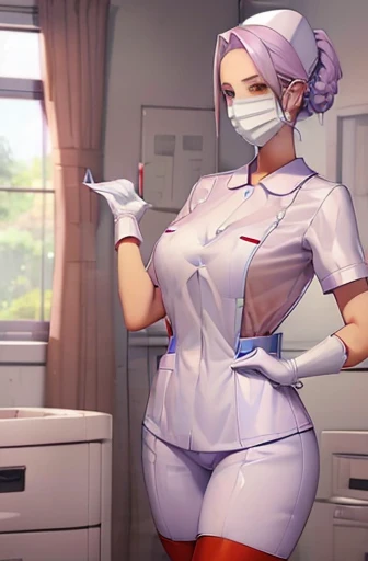 red nurse, 1womanl, Nurse, Nurse Cap, Redware, ((Red legwear, zettai ryouiki)), Red Elbow Gloves, Silver hair, Blue eyes, ((White surgical mask)), Standing, ((surgery room)), sharp outline, Short sleeves, a matural female, 35 year old, Best Quality, masutepiece ,oversize boobs