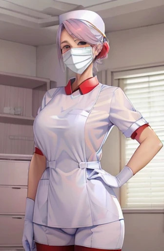 red nurse, 1womanl, Nurse, Nurse Cap, Redware, ((Red legwear, zettai ryouiki)), Red Elbow Gloves, Silver hair, Blue eyes, ((White surgical mask)), Standing, ((surgery room)), sharp outline, Short sleeves, a matural female, 35 year old, Best Quality, masutepiece ,oversize boobs