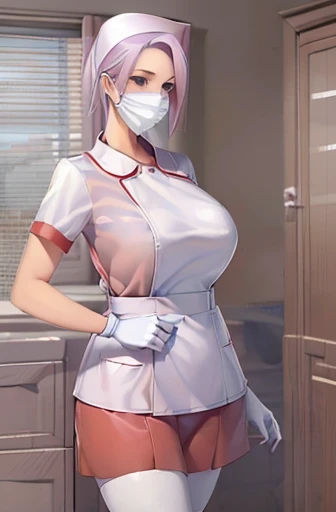 red nurse, 1womanl, Nurse, Nurse Cap, Redware, ((Red legwear, zettai ryouiki)), Red Elbow Gloves, Silver hair, Blue eyes, ((White surgical mask)), Standing, ((surgery room)), sharp outline, Short sleeves, a matural female, 35 year old, Best Quality, masutepiece ,oversize boobs