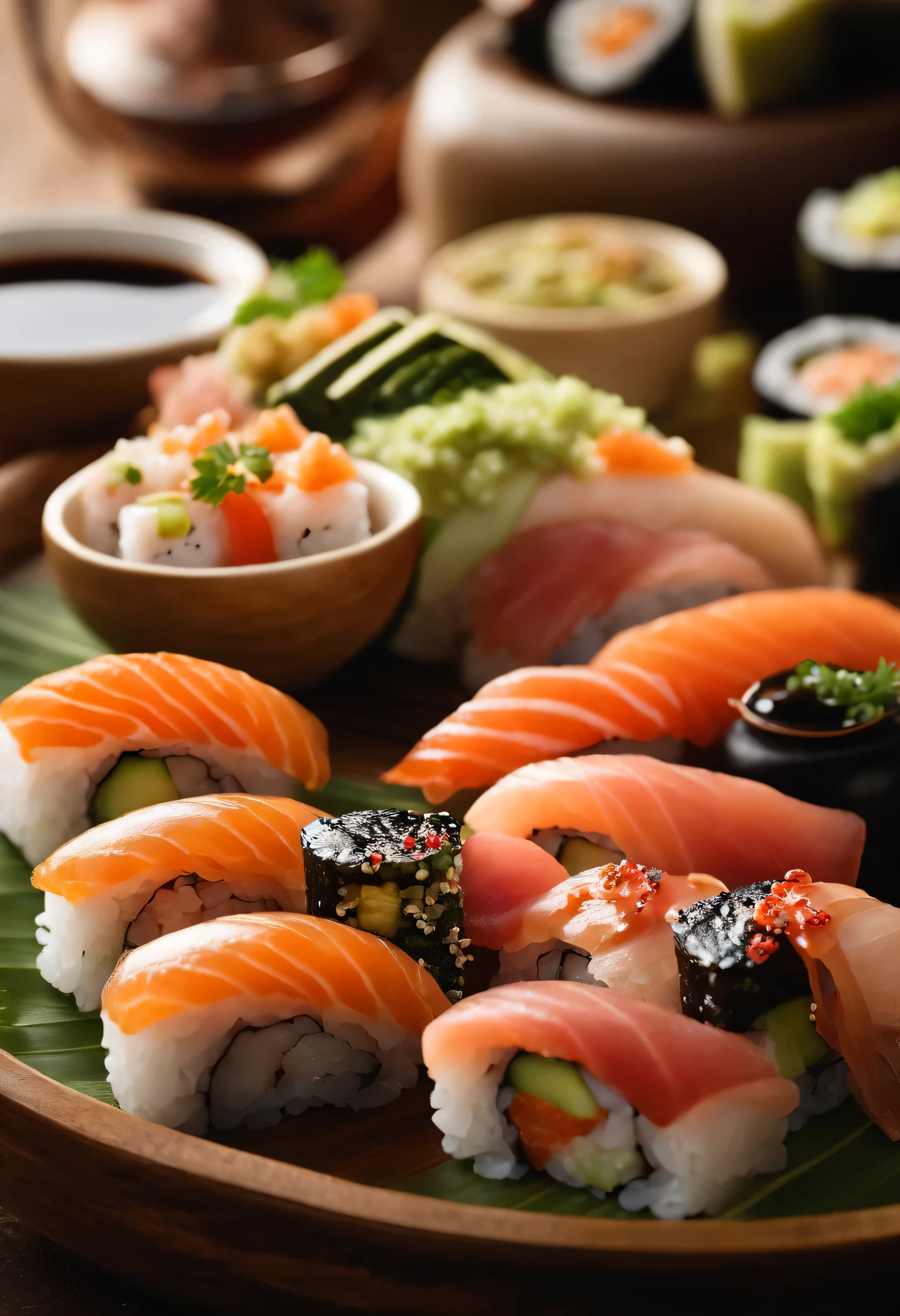 Magazine photo of amazing sliced sushi rolls created by Chef Gordan Ramsey, with smoked salmon & tunny & eel & roe & avocado & octopus & Wasabi arranged in Japanese style with chopsticks and Japanese bottled beer & tall glass, Trends & Award-winning photographs by renowned photographers, bokeh, F1.8, cinematic lighting, Center composition