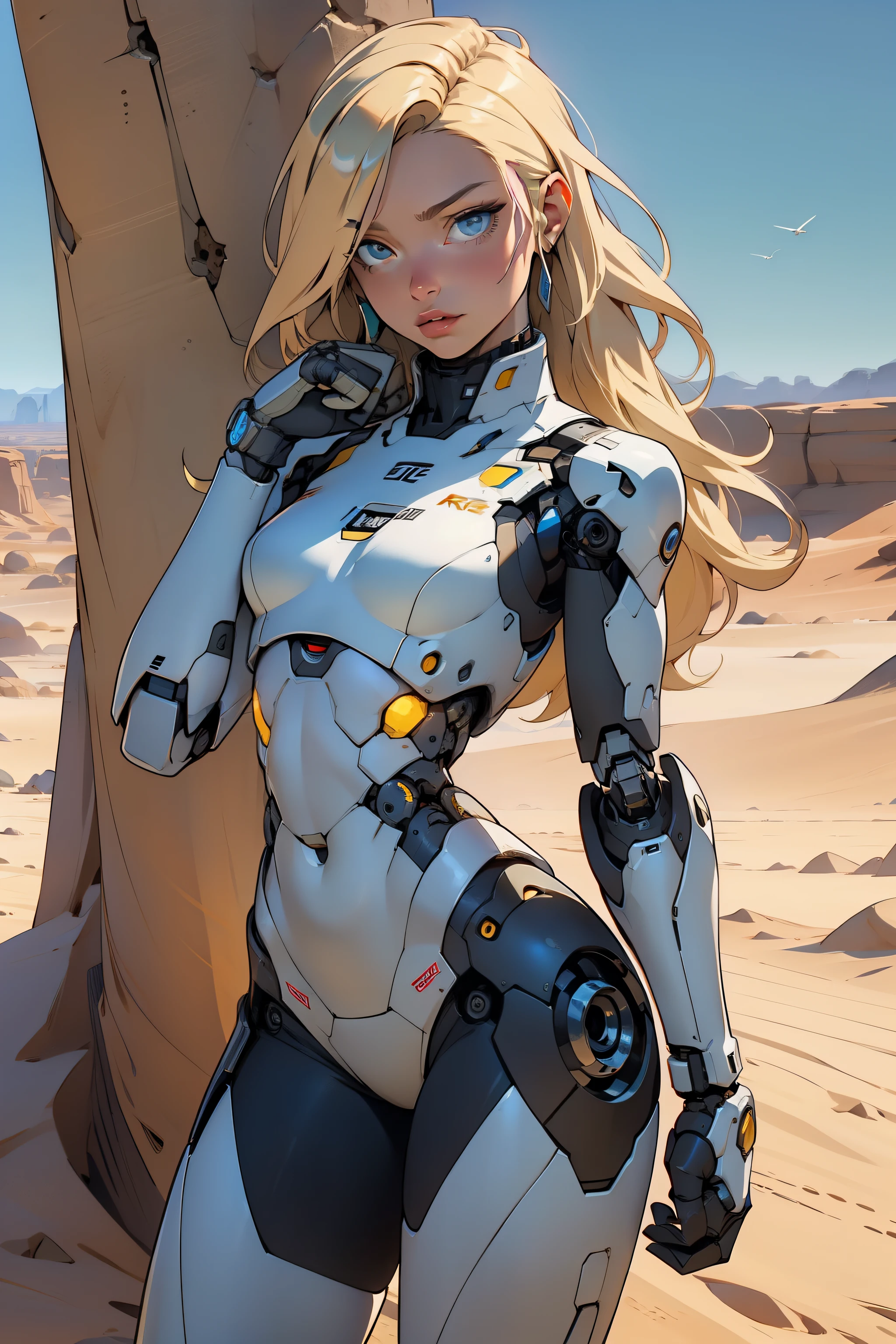 high quality, 4k, masterpiece, beautiful, cyborg girl, cowboy shot, dull eyes, looking at viewer, long blonde hair, girl, small breasts, fit thigh, robotic arms, robotic body, cyborg body, yellow accent, intricate detail, joint, detailed lines, robotic detail, holding fist up, holding hand up as fist, color robotic parts, robotic parts with color, perfect fingers, on a desert planet, sunny background, colorful desert,