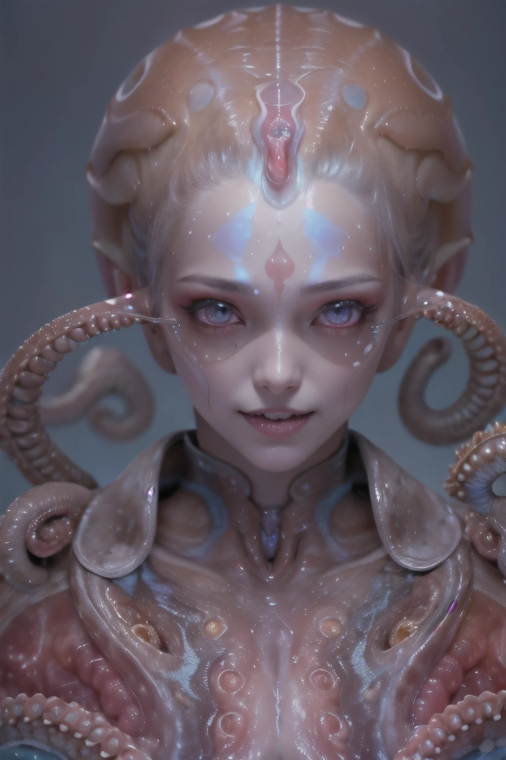 best quality, masterpiece, ultra high resolution, (photos realistic:1.7), scary and sexy detailed art in color, Portrait, (beautiful and obscene female alien:1.4), (vulgarity1.7), (she has red eyes with no pupils:1.8), (Translucent blueskin:1.7), (There is a female genital-like organ in the middle of the forehead:1.9), (The most beautiful face in the history of the universe:1.2),an evil gaze that seduces, (large mouth:1.1), (sharp teeth like a vampire:1.2), Full body portrait, (bio luminescent:1.5), (Smile wickedly:1.3), (sexypose:1.5), alien, No humans, cells are fused, (Lots of translucent tentacles:1.3) extraterrestrial, cell, bio image, best quality, 8K,In 4K_quality, High freshness, Dramatic Lighting, cinematic quality, detail up, (exquisite details:1.2), High freshness, drawing faithfully, (Thick eyebrows:1.2), Beautiful eyes with fine symmetry,(Highly detailed face and eyes:1.2), Intimate face, (Super detailed skin quality feeling:1.4), perfect anatomy, (Beautiful toned body:1.5), (Moist skin:1.2), not wearing makeup, (dark circles:1.1), long canines, cinematic drawing of characters, ultra high quality model, cinematic quality, detail up, (exquisite details:1.2), high resolution, High freshness, drawing faithfully, official art, Unity 8K Wall paper, ultra detailed artistic photography, midnight aura, unreal engine 5, Ultra Sharp Focus, art by Amano Yoshitaka, ArtGerm, Roisch, intricate artwork,ultra realistic realism, dream-like, nautilus, Creation of fantasy, Snail, Dream Snail, (biopunk nautilus:1.3),Thrilling color schemes, seductively smiling, Blue tentacles, Amazing mutation, well-proportioned body, goddess of the deep sea, fractal, Geometric pattern