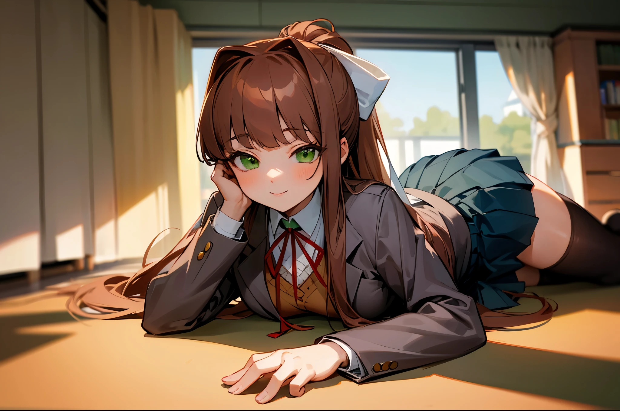 (masterpiece), best quality, expressive eyes, perfect face, highres, 1 girl, solo, ddlcmonika, blunt bangs, brown hair, (green eyes:1.5), long hair, ponytail, ribbon, white ribbon, hair ribbon, sidelocks, black thighhighs, blue skirt, brown jacket, jacket, long sleeves, mary janes, over-kneehighs, pleated skirt, school uniform, shoes, skirt, thighhighs, zettai ryouiki, smiling, indoors, classroom background, lying on stomach, portrait, looking at the viewer