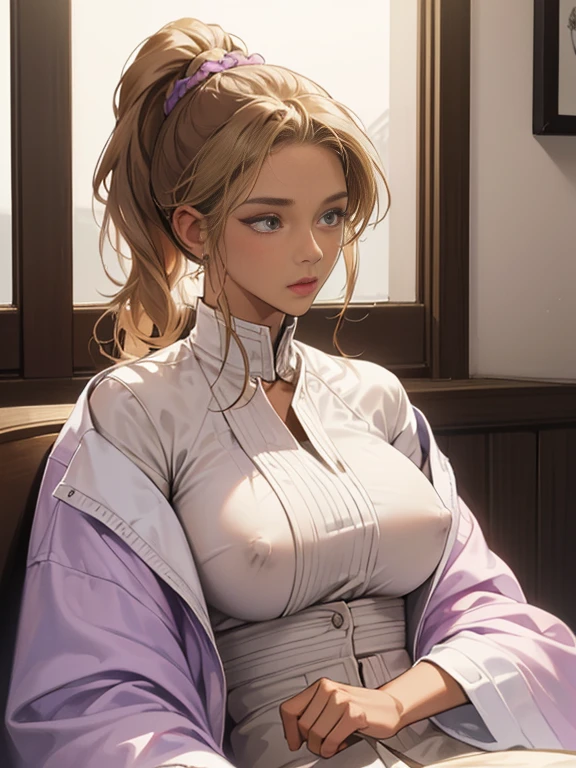 masterpiece、highest quality、一人のmature woman、( woman、brown skinned:1.6)、Nekomimi、blonde、ponytail、purple eyes、white jacket、Cool、big and full breastate depiction、exposed chest、exposed nipples、