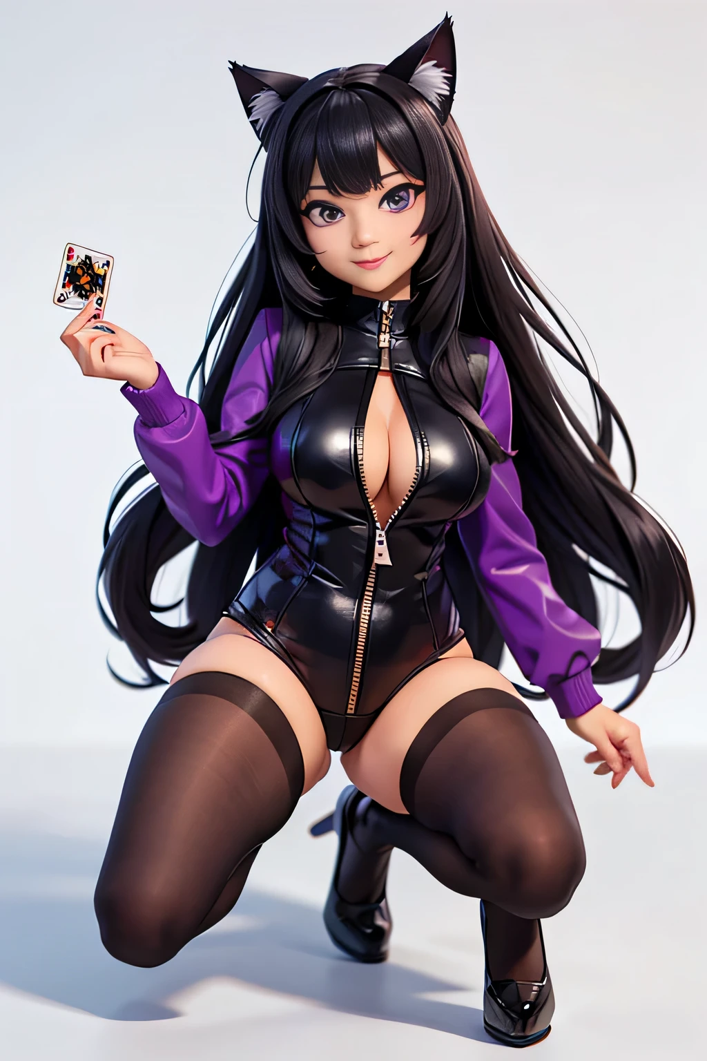 一个有着cat ears的女孩穿着black tights,8k highly detailed, casual games, , 3D art style, Full body image,White background,big eyes,black hair,cute,Playing cards in hand,solid color background,long hair,Smile,slim,White skin,purple eyes,plump big breasts,black tights,The zipper of the garment is unzipped，cat ears