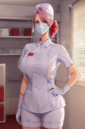 red nurse, 1womanl, Nurse, Nurse Cap, Redware, ((Red legwear, zettai ryouiki)), Red Elbow Gloves, Silver hair, Blue eyes, ((White surgical mask)), Standing, ((surgery room)), sharp outline, Short sleeves, a matural female, 35 year old, Best Quality, masutepiece ,oversize boobs