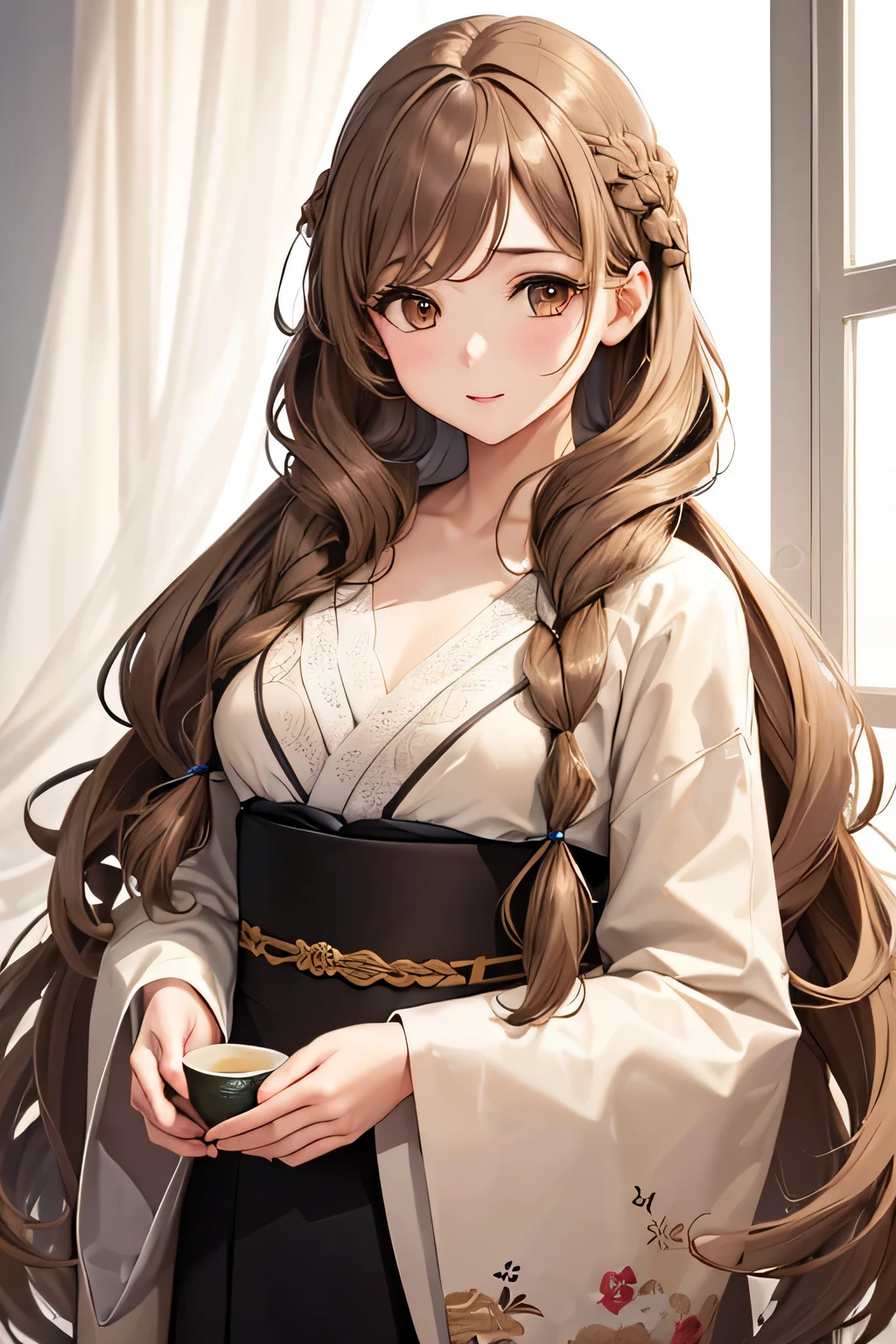 1 girl,Depp's Sense,confused,catch light,Super beautiful illustration,(light brown,long hairstyles:1.6),turn around,kimono,Upper body,;d,beautiful and delicate flowing hair,delicate and detailed brown eyes,emphasized chest,tea