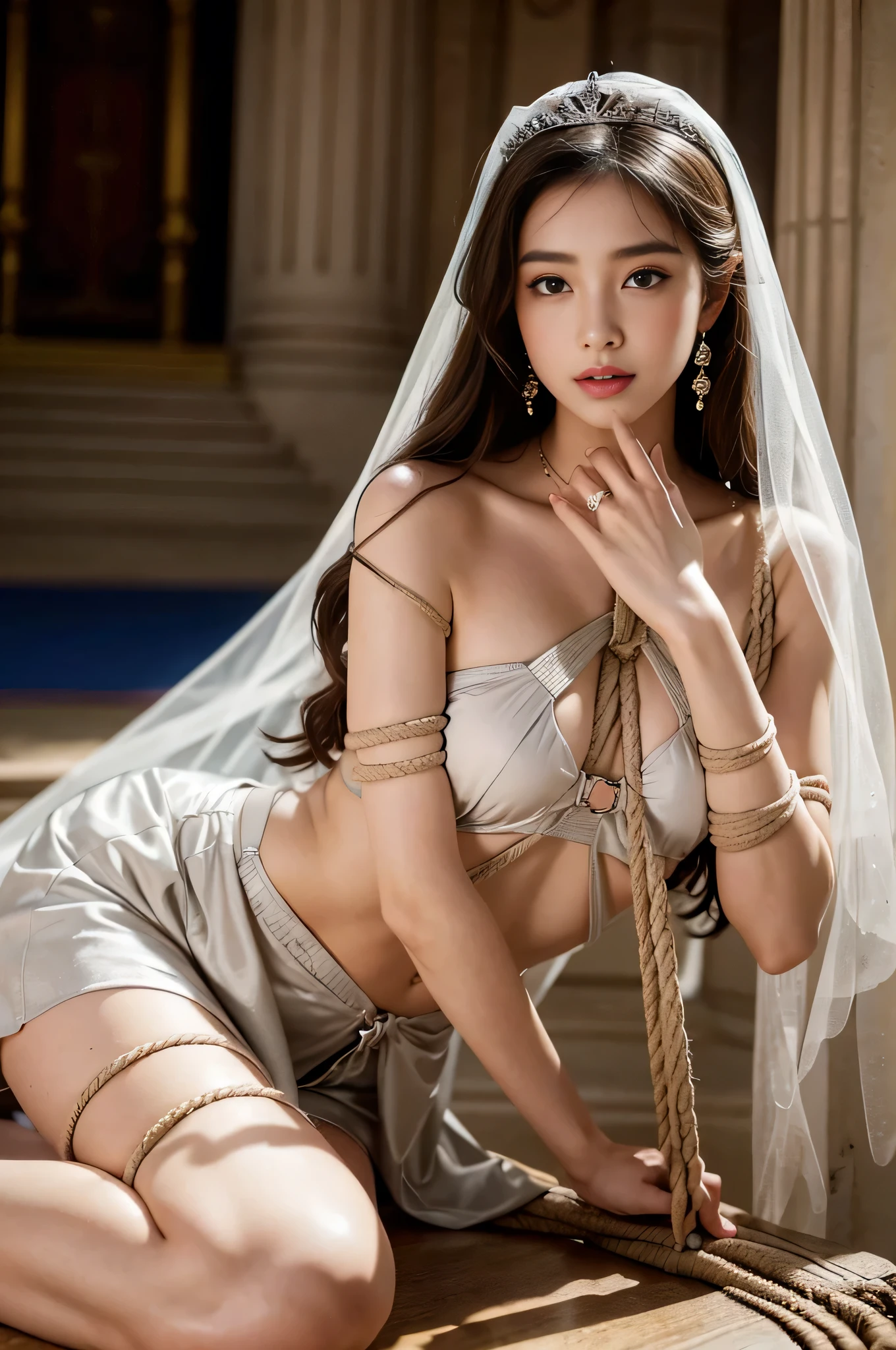 (Super realistic)、(High resolution)、(8K)、(very detailed)、(美しくdetailed eyes)、(highest quality)、(Super detailed)、(masterpiece)、(detailed face)、solo、1 girl、日Book人の女優の顔、adult woman、fine details、detailed face、Natural light、(((hands and body bound with ropes:1.5)))、((ample breasts:1.2))、 Underwear Strapless Bra、underwear shorts、Gorgeous big earrings、gorgeous big necklace、gorgeous tiara、((tulle veil on head))、Ultra-fine makeup、Ultra-fine service、detailed eyes、double eyelid、arm2Book、feet2Book、feet、see the beholder、(((in front of the palace altar)))