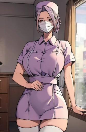 red nurse, 1womanl, Nurse, Nurse Cap, Redware, ((Red legwear, zettai ryouiki)), Red Elbow Gloves, Silver hair, Blue eyes, ((White surgical mask)), Standing, ((surgery room)), sharp outline, Short sleeves, a matural female, 35 year old, Best Quality, masutepiece ,oversize boobs